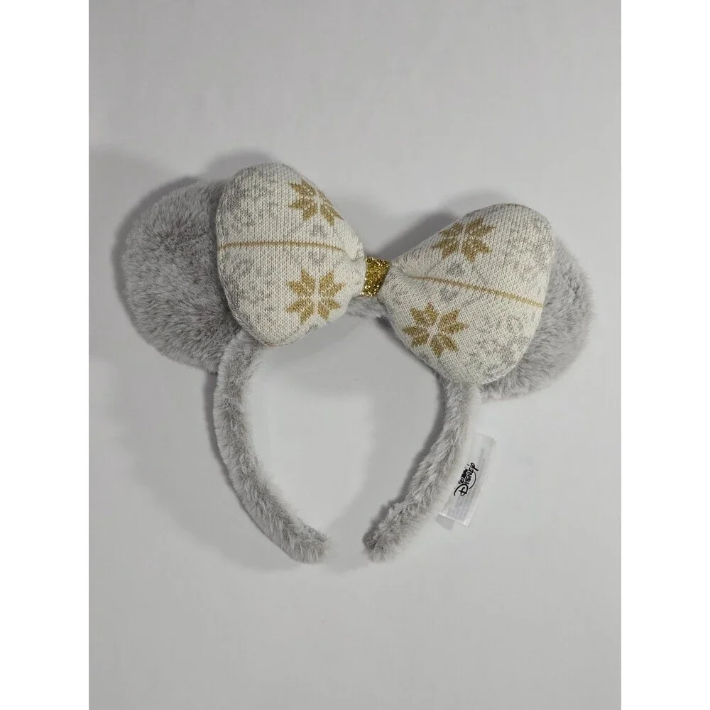 2020 Disney Christmas Winter Holiday Fuzzy Silver Gold Minnie Ears Headband - Picture 1 of 6